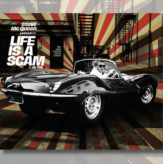 Tableau steve McQueen  art jaguar XKSS tableau life is a scam